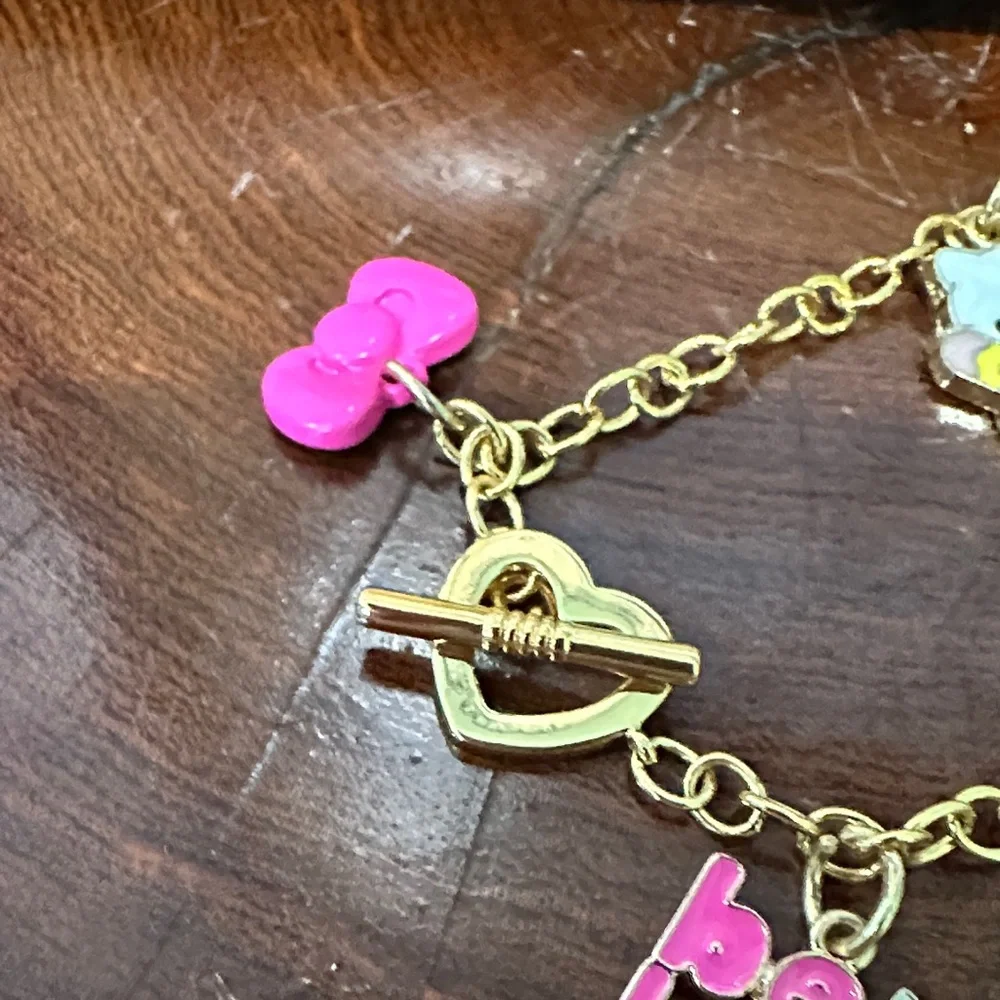 Hello Kitty Gold Bracelet with Pink and Rainbow Charms Heart Tiffany Clasp